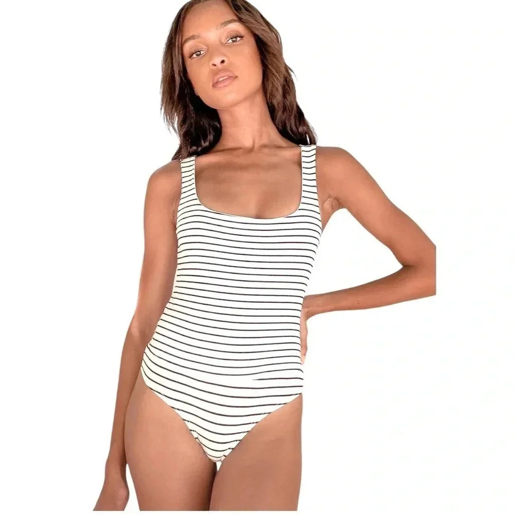LULUS | White Striped Ribbed Square Neck Bodysuit Size L